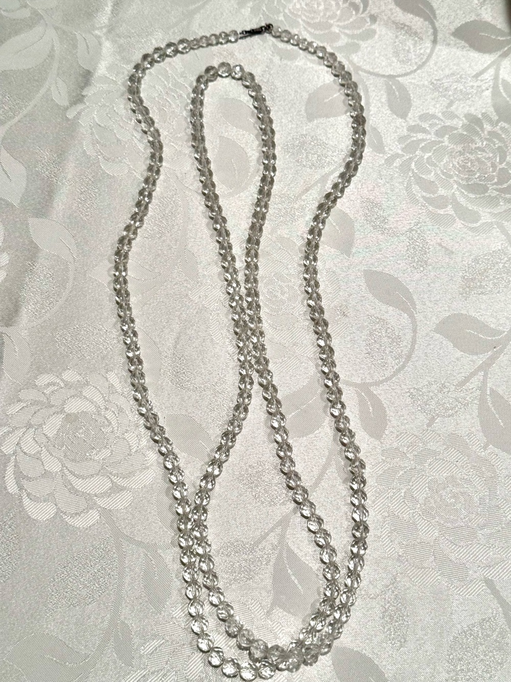 Vintage Art Deco Genuine Rock Crystal Faceted Bead Necklace 60” Flapper Endless